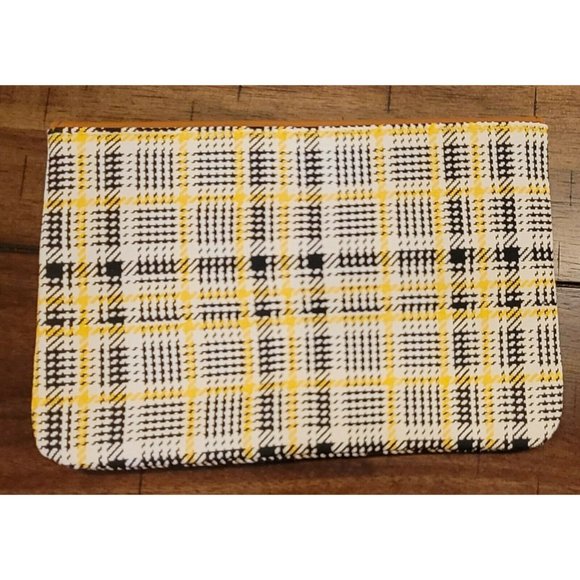 Ipsy Glam Bag Makeup Sept. 2021 Yellow Plaid GOLD button Foe Brown Leather flap - Picture 4 of 5